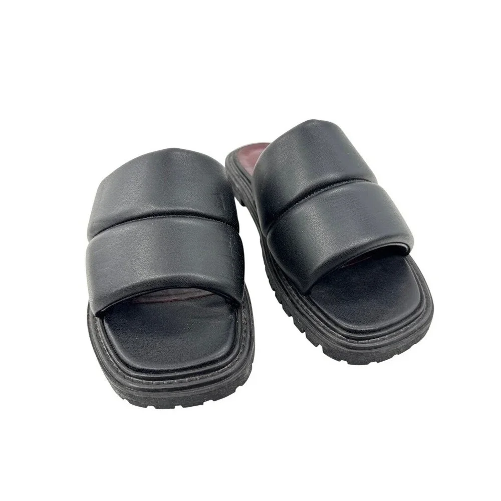 Staud Astro Slide Sandals Black Leather Puffy Padded Platform Lug Sole Slide 39